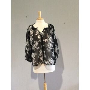 Wishful Park Blouse Black & White Floral Poly Long Sleeve Tunic Top Size L